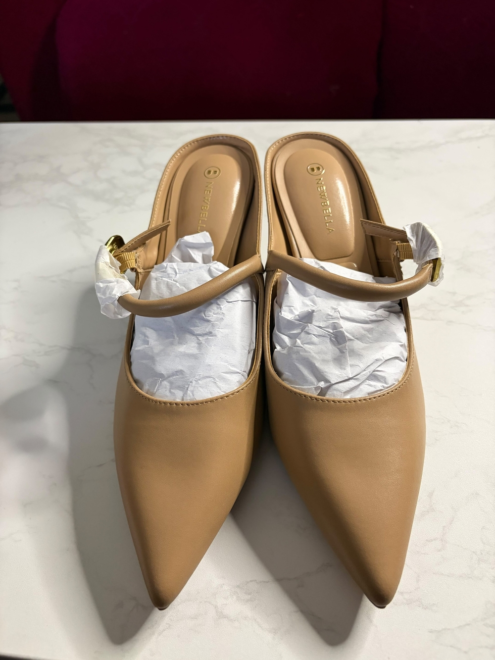 Neutral Tan Pointed-Toe Slingback Mules with Ankle Strap